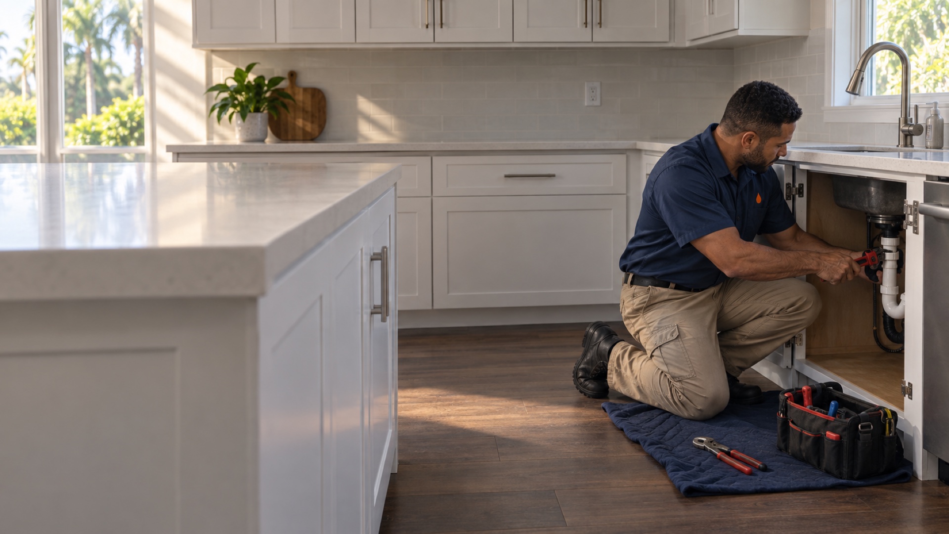 Bluewater Plumbing technician repairing a kitchen sink in a Boca Raton home